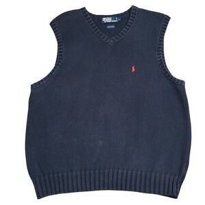Vtg Polo Ralph Lauren Sweater Vest Mens Large Navy Blue V Neck Knit Pony Vintage